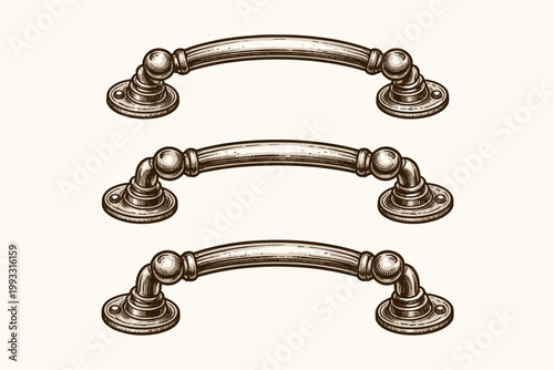 Set of Three Vintage Etched Metal Handles and Drawer Pulls, Antique Victorian Style Cabinet Hardware Illustration, Hand-Drawn Vector Engraving for Furniture Design and Interior Decor Projects