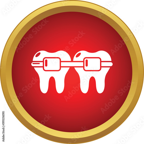 Dental braces icon showing two teeth with orthodontics in a red circle