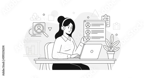 Woman with headphones working on laptop, HR recruitment concept, online job search