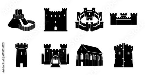 Foto Medieval castle silhouettes and fortress icons set, 8 black vector building symb