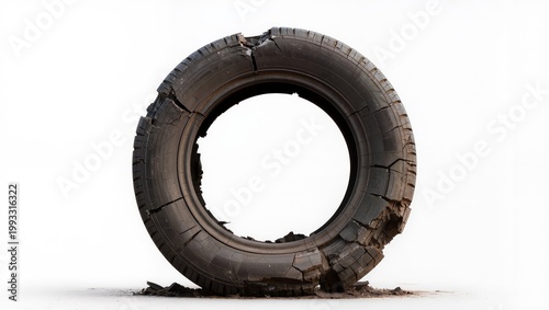 Worn damaged tire with cracks isolated on white background