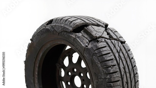 Worn damaged tire with cracks isolated on white background