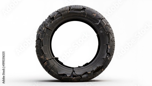 Worn damaged tire with cracks isolated on white background