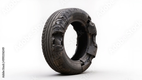 Worn damaged tire with cracks isolated on white background