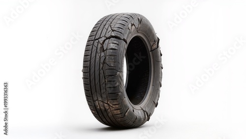 Worn damaged tire with cracks isolated on white background
