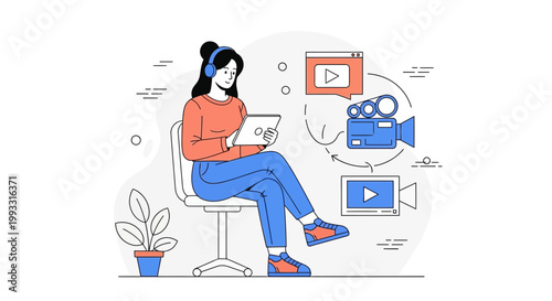 Woman with headphones watching video on tablet, video production concept