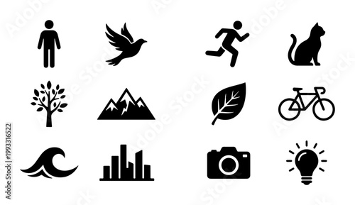 Minimalist black icon set, 12 flat vector symbols for web and app design, universal lifestyle and nature pictograms on white background