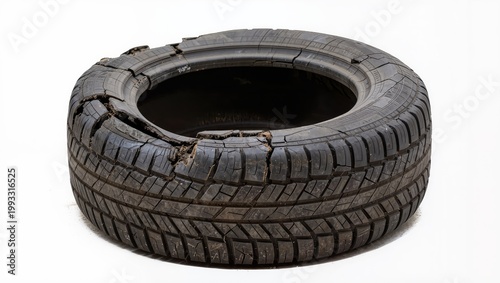 Worn damaged tire with cracks isolated on white background