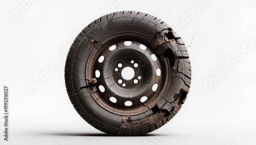 Worn damaged tire with cracks isolated on white background