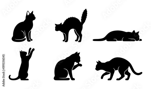 Black cat silhouettes set of 6 vector icons, domestic feline pet in various poses, sitting and stretching cat shapes for logo design and graphics