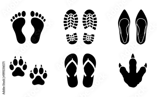 Black footprint silhouettes set, human barefoot and shoe sole tracks, animal paw prints and bird claw marks, flat vector icons for forensic or nature design