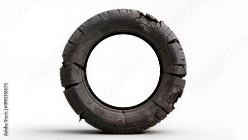 Worn damaged tire with cracks isolated on white background