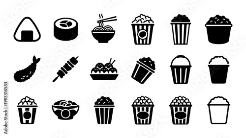 Tableau sur toile Minimalist food icon set, 18 black solid vector symbols of Japanese cuisine and