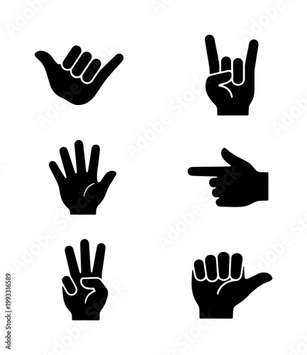Black hand gesture icons set, 6 vector silhouettes of human hands, communication sign language symbols, flat minimalist arm and finger poses