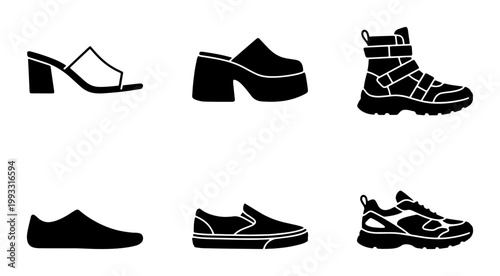 Minimalist footwear icon set, black silhouette shoes collection, 6 vector fashion elements including sneakers, boots, sandals and platform heels