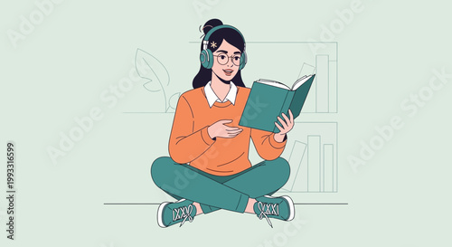 Woman with headphones reading a book, studying, learning, enjoying audiobooks