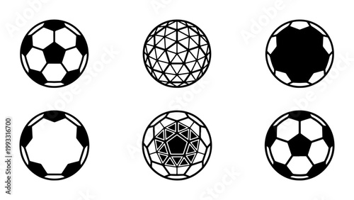 Soccer ball vector icons set, black and white football silhouettes, geometric sports ball collection for competition branding and athletic design