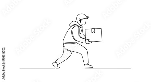 Delivery man carrying a package, one line drawing, minimalist, courier service, fast delivery concept