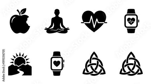 Health and wellness icon set, 8 black vector symbols for fitness and mindfulness, yoga meditation and heart rate monitor graphics for lifestyle apps