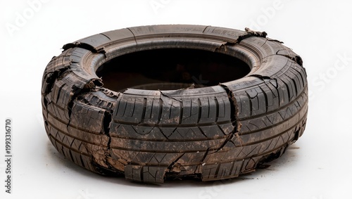 Worn damaged tire with cracks isolated on white background