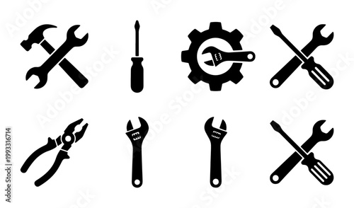 Industrial repair tool icons set, black silhouette hardware equipment symbols, 8 vector construction and maintenance elements for workshop service