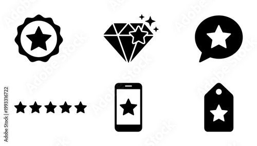 Minimalist star rating icons set, black solid vector symbols for customer reviews, premium quality badges and feedback elements for mobile apps
