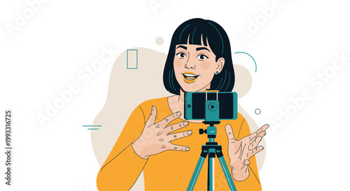Woman Vlogging with Smartphone on Tripod, Talking to Camera