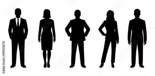 Professional business people silhouettes, corporate team standing in formal attire, black office worker figures, group of five professional characters