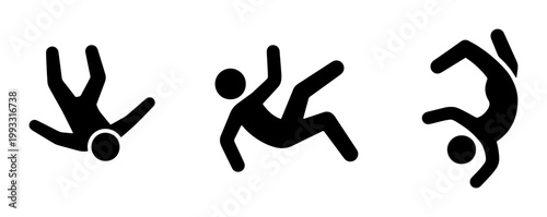 Falling person silhouette icons, black stick figure man tumbling in mid-air, set of three falling human vector graphics for safety and accident concepts