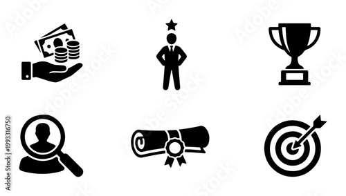 Business success icon set, professional achievement and career growth symbols, 6 black solid vector icons for corporate leadership and financial goals
