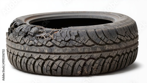Worn damaged tire with cracks isolated on white background