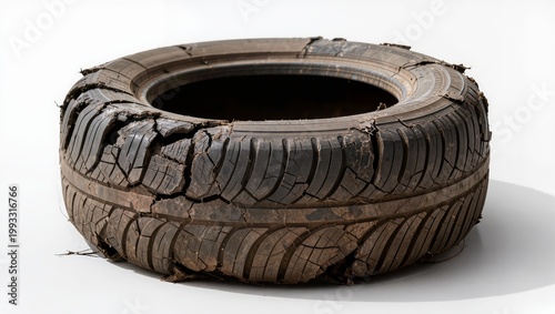 Worn damaged tire with cracks isolated on white background