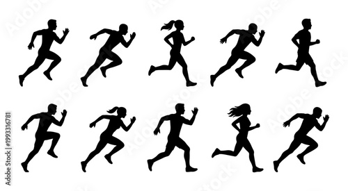Running silhouettes set of 10 athletes, sprinting man and woman vector icons, black jogging figures collection for sports and fitness design