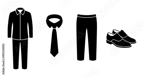 Formal business attire icons, black silhouette men's suit and dress shirt vector, professional necktie and trousers set, classic leather shoes