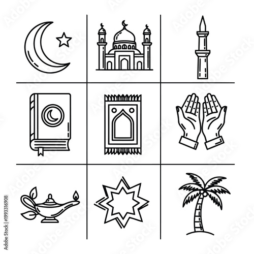Iconic symbols representing various aspects of islamic culture and spirituality Vector