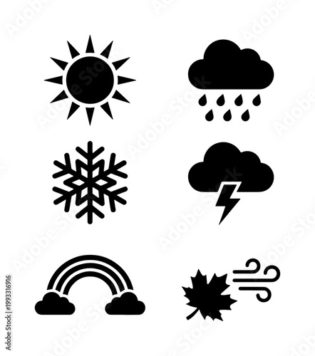 Weather icon set with 6 black vector symbols, meteorology forecast signs including sun and rain cloud, seasonal climate elements for mobile apps