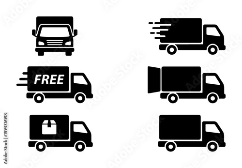 Delivery truck icon set, black shipping van silhouettes for logistics and transport, fast express courier service symbols, 6 vector elements
