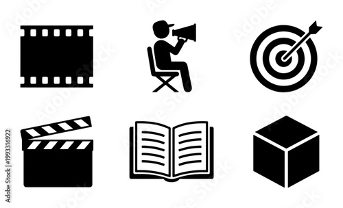 Minimalist black movie production icons set, cinema industry vector symbols, film director and clapperboard graphics, creative media storytelling elements