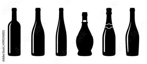 Minimalist wine bottle silhouettes, set of 6 black glass bottle icons, various alcohol bottle shapes for winery branding and menu design