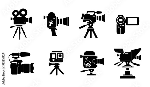 Professional video camera icon set, 8 black movie camera silhouettes, cinema equipment and broadcast television gear vector collection