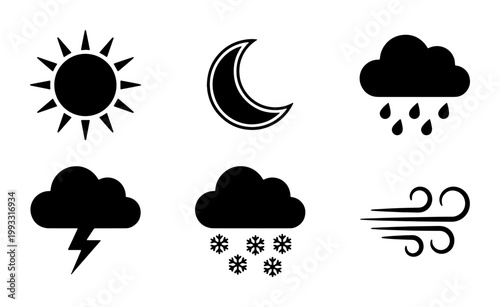 Minimalist weather icon set with 6 black vector symbols, meteorology forecast signs for sun moon rain and snow, flat climate UI elements for mobile apps