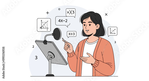 Woman teaching math online with tablet and microphone, explaining equations and graphs
