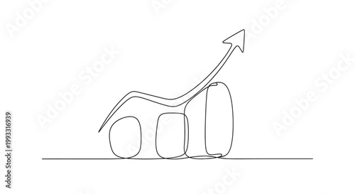 Continuous line drawing of a rising bar graph with an upward arrow, symbolizing growth and success.