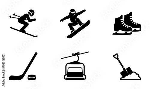 Winter sports icon set, black silhouette winter activities symbols, skiing and snowboarding vector graphics, ice hockey and skating icons
