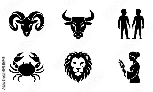 Zodiac signs black vector icons set, astrology horoscope symbols collection, minimalist celestial illustrations for spiritual branding