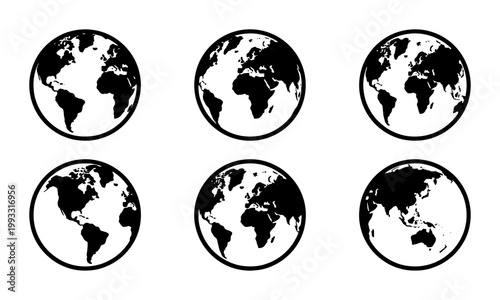 Minimalist world globe icon set, black and white earth planet vector collection, 6 global map spheres showing different continents and regions