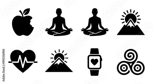Wellness and healthy lifestyle icons set, black silhouette yoga and fitness symbols, 8 vector elements for meditation and healthcare apps