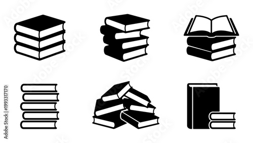Bild auf Leinwand Minimalist book icons set, black and white library vector symbols, stack of book