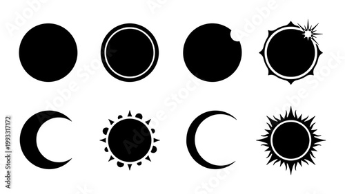 Solar eclipse phases vector icons, celestial moon and sun silhouettes set, astronomical lunar event symbols, black minimalist space graphics