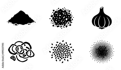 Black and white spice icons set, culinary seasoning silhouettes including garlic and pepper powder, organic food ingredient vector illustrations